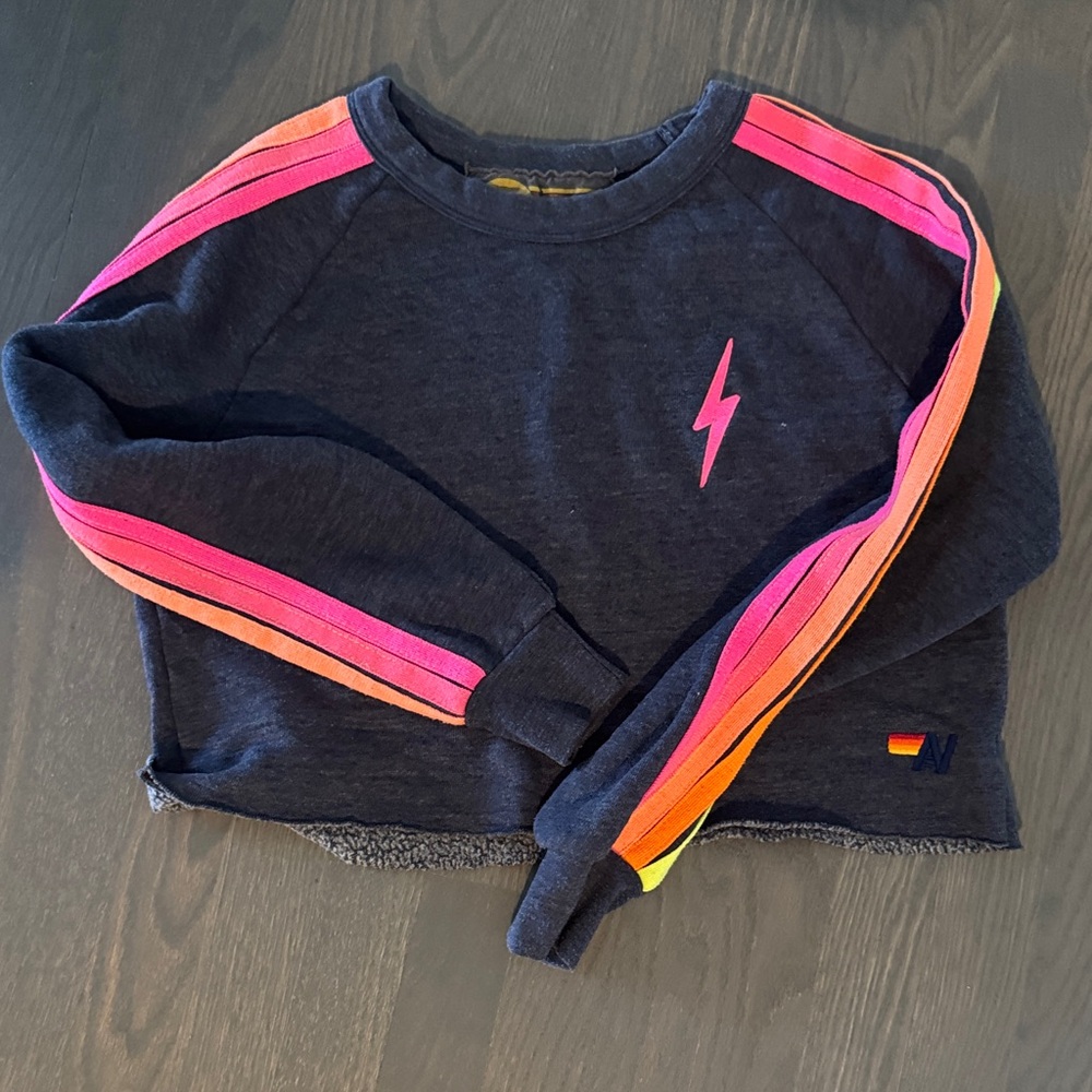 Aviator Nation Dark Gray Sweater with Pink and Orange Stripes